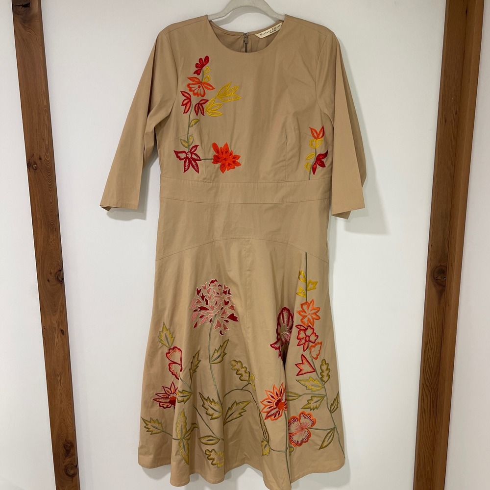 eShakti Wayward Fancies Dress Womens L Tan Cotton Floral Embroidered Midi Pocket